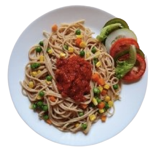 Spaghetti with vegetables, corn and peas